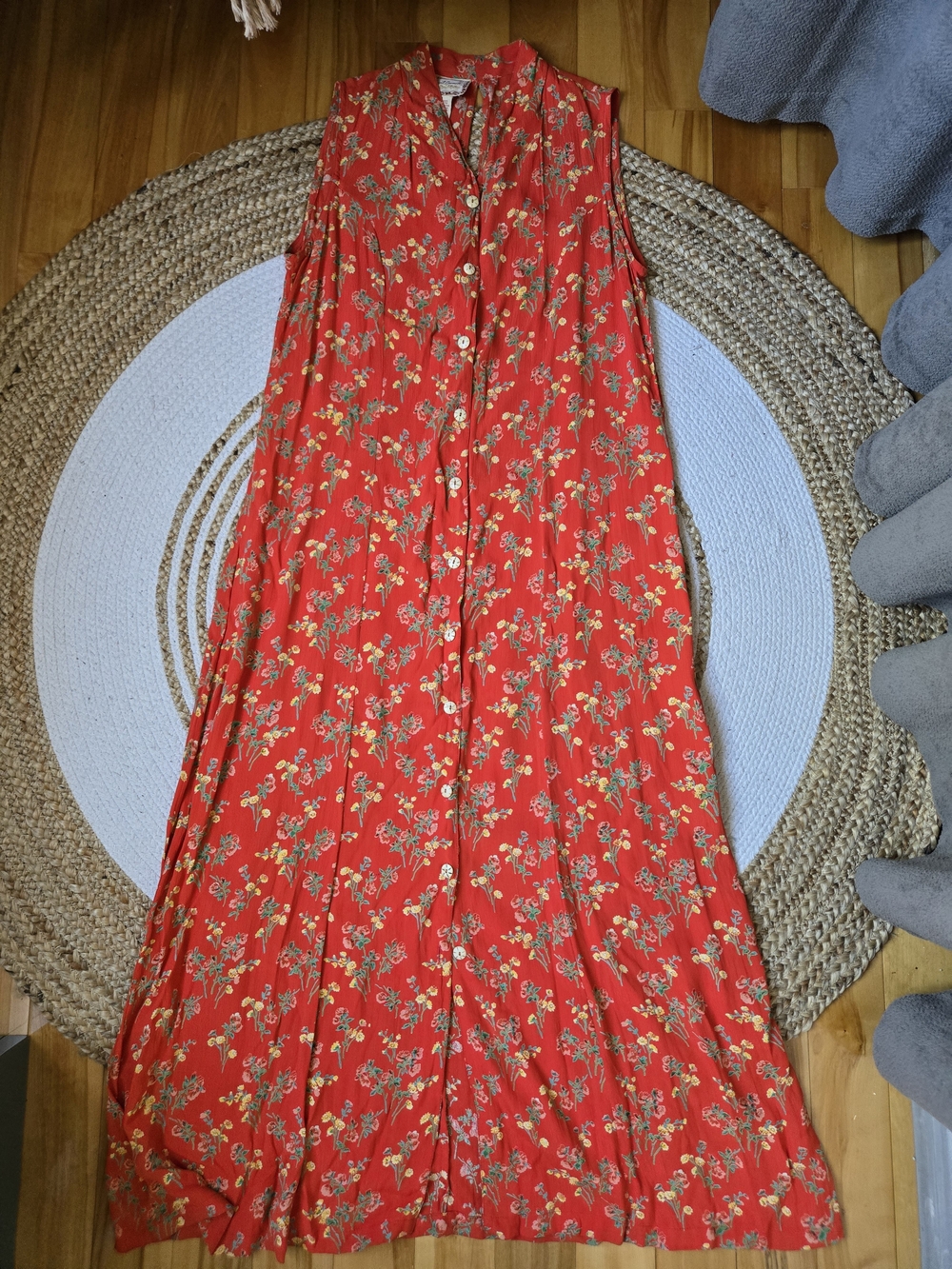 Vintage 90s April Cornell Red Floral Button-Front Maxi Dress Summer Cottagecore